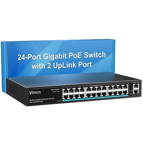 VIMIN 24 Port Gigabit PoE Switch with 2 Gigabit Uplink Port, 26 Port Unmanaged PoE Ethernet Switch with 320W Power, IEEE802.3af/at Compatible, VLAN, Metal Housing