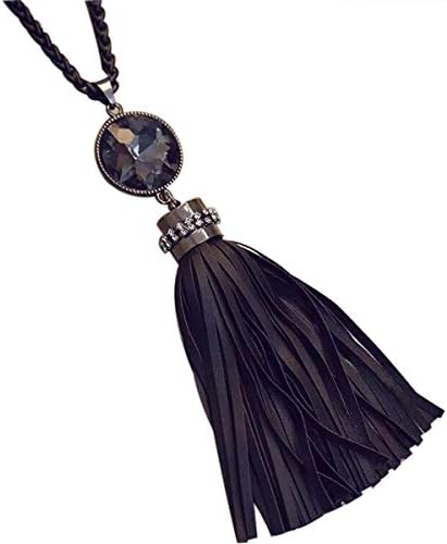 LANTAI Black and Red Leather CZ Tassel Necklace Sweater Pendant Statement Necklaces for Women Girls
