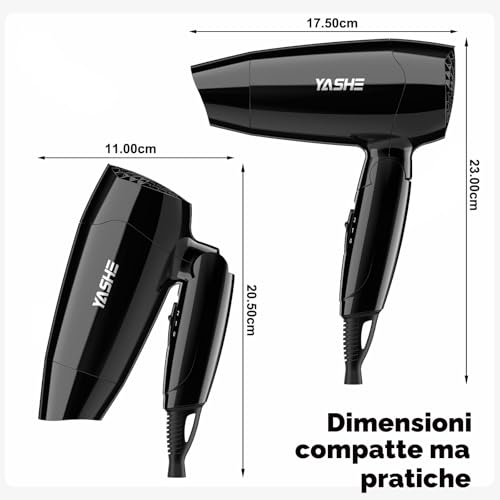 YASHE Mini Folding Hair Dryer, Compact Hair Dryer 1200W with 2 Heat and Speed Settings, Precision Spout, 1.8 m Cable, Lightweight for Travel, Home, Hotel or Dormitory, Black