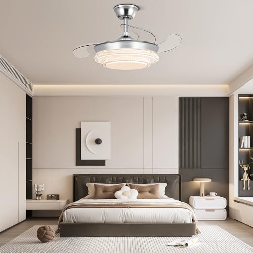 Ohniyou Ventilador de Techo Retráctil de 36 Pulgadas con Luz y Control Remoto, 6 Velocidades, Luz Regulable, Motor Reversible, Ventilador de Techo Moderno para Dormitorio Sala de Estar, Plateado