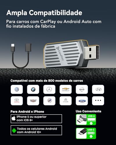 Adaptador Wireless CarPlay e Android Auto Stage LinkFree, Compatível Apenas com Veículos com CarPlay Original via Cabo, Converte CarPlay com Fio em Sem Fio, Plug & Play USB-C/USB