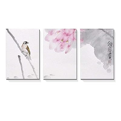 3 Panel Canvas Wall Art - Chinese Ink Painting Lotus Flower and a Bird - Giclee Print Gallery Wrap Modern Home Art Ready to Hang - 24