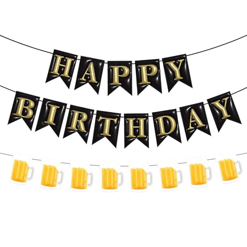 BIEUFBJI Beer Happy Birthday Banner Black Beer Mug Pennant Banner Beer Theme Party Decorations Adult Birthday Party Decorations Supplies