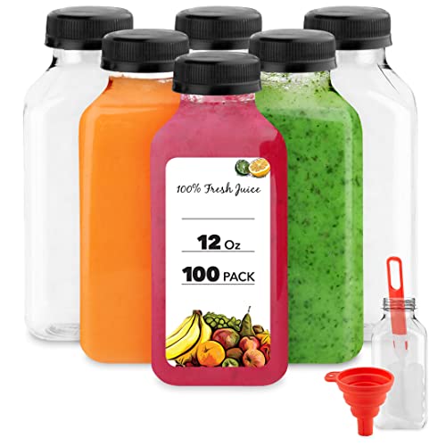 12 oz Plastic Bottles with Caps (100 Pack) Reusable Clear Empty Juice