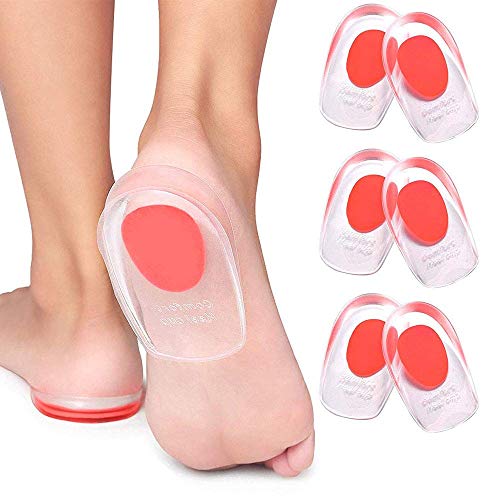 3 Pair Gel Heel Cups Plantar Fasciitis Inserts - Silicone Gel Heel Pads for Heel Pain, Bone Spur & Achilles Pain, Gel Heel Cushions and Cups, Pad & Shock Absorbing Support (Red, Small/Medium)