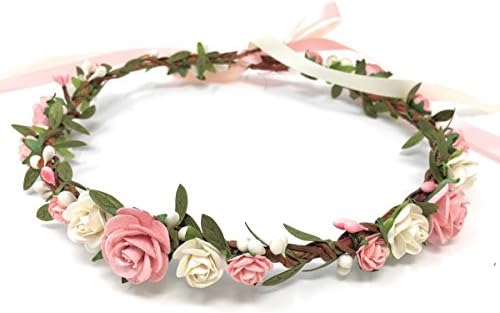 Daddasprincess Flower Girl Crown Wedding Boho Headpiece Headband Hair Wreath (Pink and White)