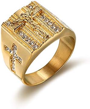 Quoouz Men's Vintage Cross Jesus 18K Gold Plated Diamond Titanium Steel Rings