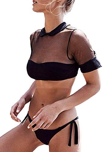 Women's Short Sleeve Bikini Set Mesh Patchwork Crop Top High Cut Side Tie Thong Bottom Swimsuit