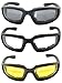 OWL 3 Pairs Black Motorcycle Padded Foam Glasses - Smoke, Yellow, Clear Lenses