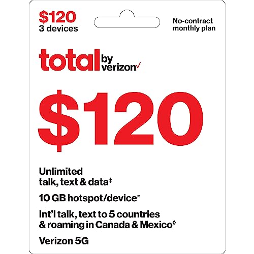 Total by Verizon $120 - Unlimited Talk and Text, 5G Data and HS / 3-Line Plan/Monthly