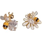 Kokoma Cute Daisy Bee Stud Earrings for Women Asymmetric Bee Cubic Zirconia Earrings 925 Sterling Silver Pins Statement Studs Dainty Ear Jewelry