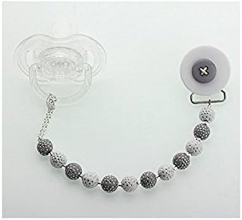 Tooter Luxury Grey and White Acrylic Beads Button Handmade Keepsake Baby Boy Pacifier Clip 8 Inch (CPBLB)