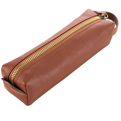 Ancicraft Genuine Leather Handmade Pen Pencil Mark Case Holder Pouch Organizer Bag Purse with Zipper Closure Brown - Thumbnail 2
