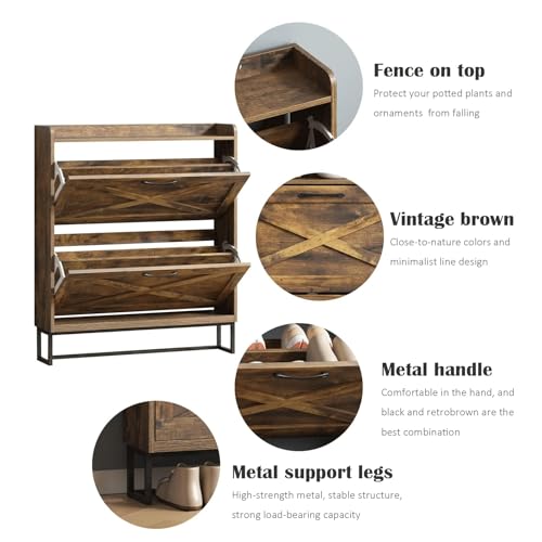 MOZOGOT Shoe Storage Cabinet with 2 Flip Drawers, Free Standing Shoe Racks Narrow Slim Shoe Organizer with Storage Top Cubby, Hidden Shoe Storage for Entryway, Living Room, Hallway (Rustic Brown)