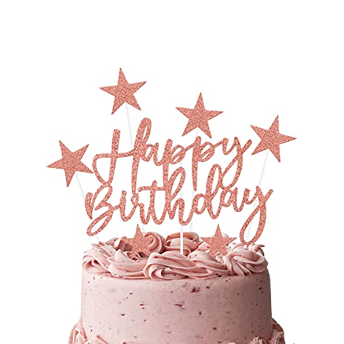 iZoeL 2 Sets Cake Decoration - Gold & Rose Gold Cake Toppers, Happy Birthday Banner, Confetti, Balloons, Stars & Hearts for Men, Women, Boys & Girls - Hen Party Decor