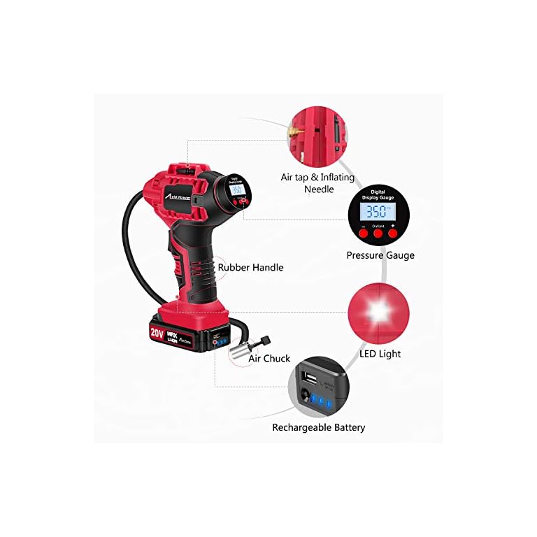AVID POWER Tire Inflator Air Compressor, 20V Cordless Car Tire Pump with Rechargeable Li-ion 