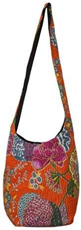 Jaipuri Handmade Floral Print Design Cotton Kantha Bag (Orange, 12 X 15 Inches)