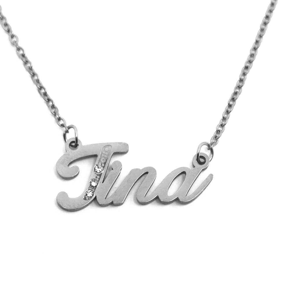 Kigu Name Necklace Tina - Silver Tone - Custom Name Necklace - Personalised Jewellery for Ladies- Customised Jewellery for Girls- Custom Pendant Tina
