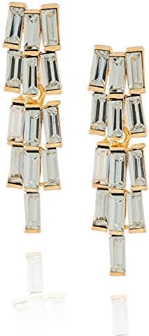 Baguette Cut Rectangle Crystal Rhinestones in 14K Gold Tone Setting Vintage Dangle Earrings by Lovey Lovey (White)