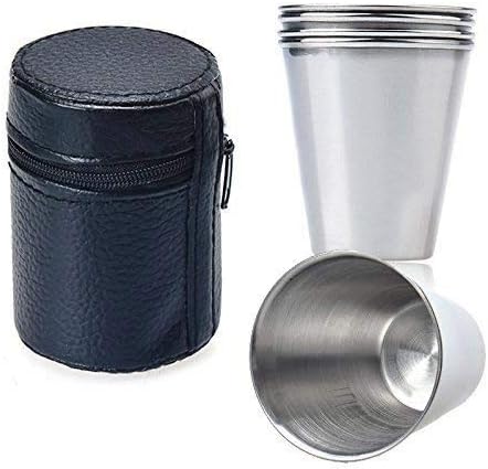 Cloudaby 4 pc Strong Stainless Steel Glass Set Small with Leather Pouch (Best Use During Travel)