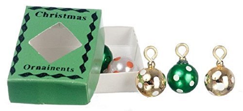 Dollhouse Miniature Box of Christmas Ornaments in Green