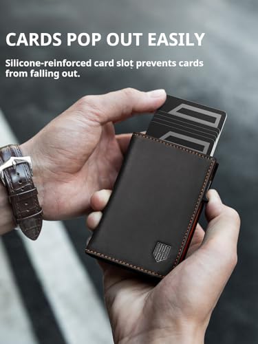 RFID Blocking Pop Up Wallet for Men, 100% Genuine Leather Slim Bifold, Aluminum Card Holder with ID Window, YKK Zipper Pocket, Minimalist Front Pocket Travel Wallet, Ideal Gift for Men, Black Orange