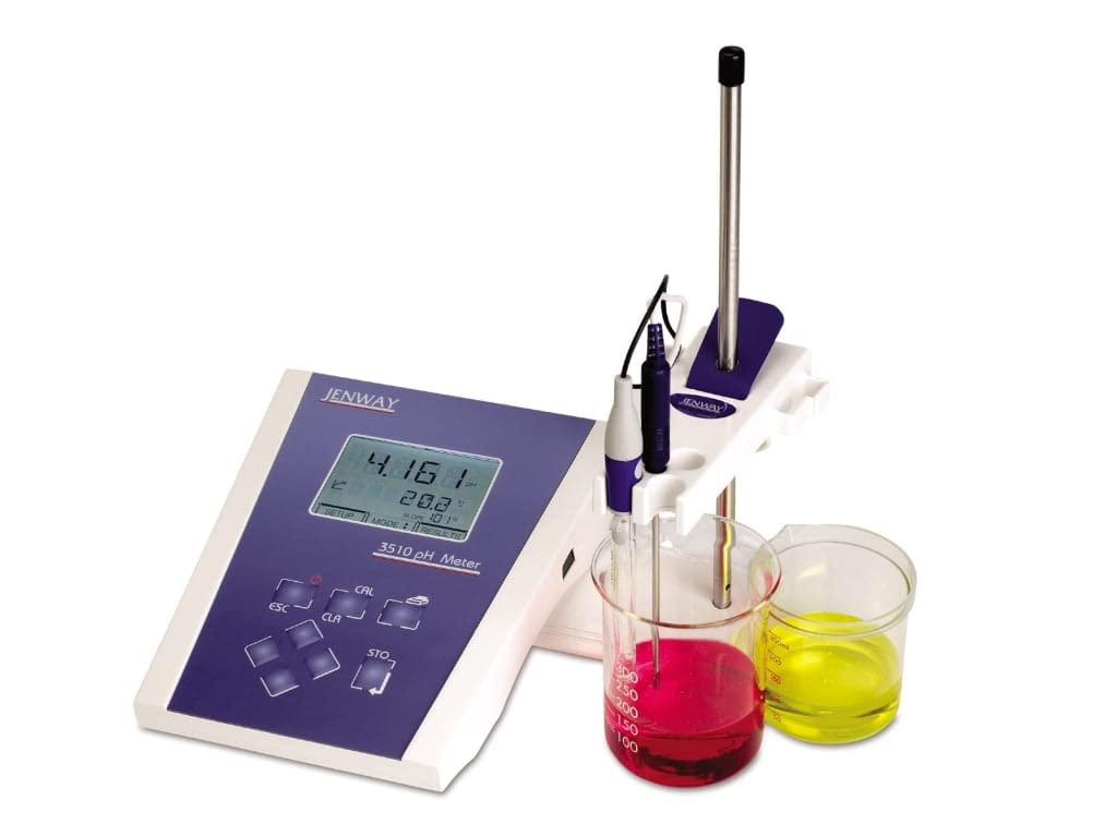 Jenway 351001 Benchtop pH Meter, Model 3510 supplied with pH electrode stand and holder ATC probe BNC shorting plug pH4 7 and 10 buffer sachets and UK power supply