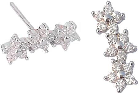 Pair of 925 Sterling Silver Three Gem Flower Curved Studs Cartilage Earrings