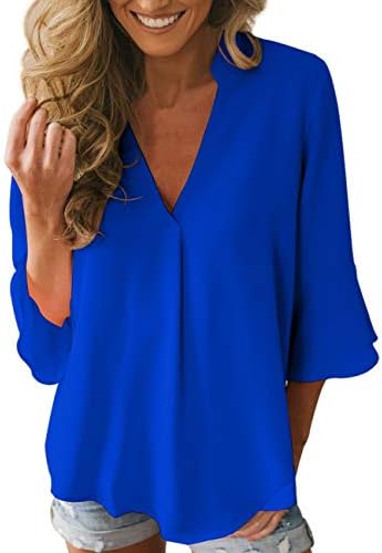 Dean Fast Women Casual Chiffon Flare Sleeve V Neck Plus Size Blouses Shirts Loose Flowy Tops S-XXL