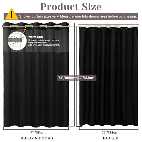 SORTTO No Hook Slub Textured Shower Curtain with Snap in Liner - Black Fabric Outer Curtain & Waterproof Inner Liner, Hotel Style with See Through Top Window, 71x74 in