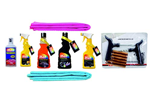 DR.3M A1176-CAR Wax Polish 250ml.+TYRE Dresser 250ML.+ Dashboard Dresser 250ML+CAR WASH Shampoo 250ML.+CAR RUBBING 100GM+ 2pc.CAR Microfiber Cloth Sky Blue,Pink. + Panchar kit (Master Combo Pack)