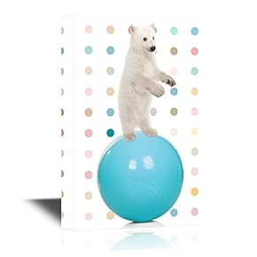 Nursery Art Canvas Wall Art - White Bear Standing on The Yoga Balance Ball - Gallery Wrap Baby/Kids Room Decoration | Ready to Hang - 12x18 inches
