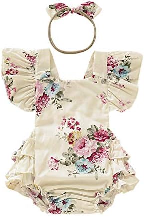 Infant Baby Girls Outfits Short Sleeve Cotton Vintage Floral Ruffle Romper Headband Set Jumpsuit Bodysuit Summer Clothes