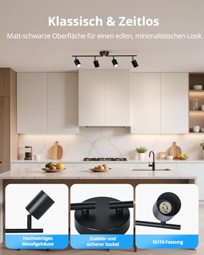 Gr4tec Ceiling Spotlight Black 4 Bulbs Modern Ceiling Light Spotlight Swivelling Metal Ceiling Light Spotlights GU10 Kitchen Lamp Ceiling Spot for Hallway Office Bedroom (Bulb Not Included)