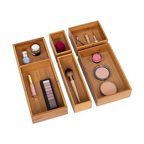 Seville Classics Bamboo Premium Organizer Storage Bins for Kitchen Silverware, Pantry, Closet, Office Desk, Pens, Utensils, Makeup, K Cup, Bamboo, Bin Set w/Dividers (5 Piece)