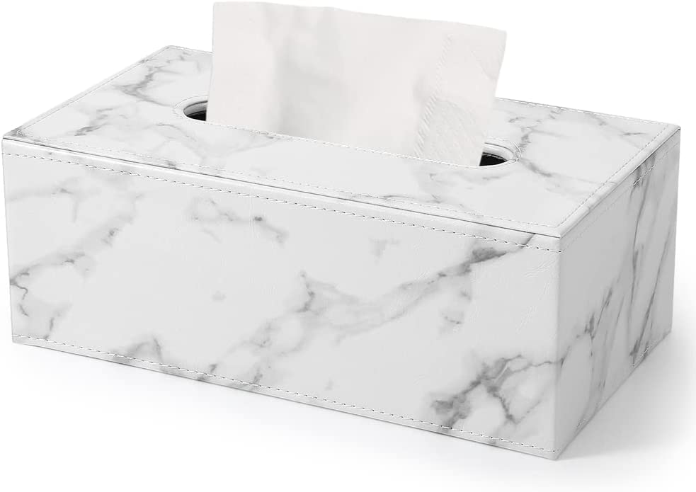 KINGFOM Tissue Box Cover PU Leather Rectangle Tissue Box Holder for Home or Office (Marble White)