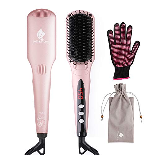 Enhanced Hair Straightener Heat Brush by MiroPure, 2-in-1 Ceramic Ionic Straightening Brush, Hot Comb with Anti-Scald Feature, Auto Temperature Lock & Auto-Off Function (Pink)