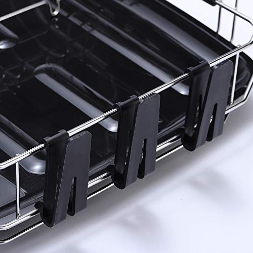 VESLA HOME Sink Countertop Kitchen Dish Drying Rack in Sink Dish Drainer with Drain Board and Cutlery Cup, Stainless Steel Silver Wire/Black Plastic - Thumbnail 6