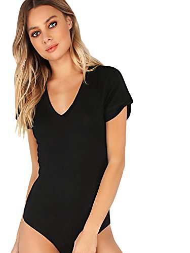 MakeMeChic Women's Short Sleeve Tops Basic V-Neck Leotard Bodysuit Lingerie Black XL