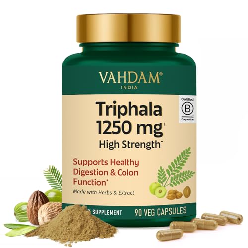 VAHDAM Triphala Capsules 1250 mg - High Strength Supplement with Amla, Bibhitaki, Haritaki Extract | Supports Healthy Digestion & Colon Function | 90 Capsules