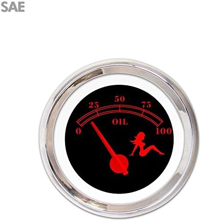 Oil Pressure Gauge - SAE Mudflap Red Text, Black, Red Modern Needles, Chrome scta early icon sbc 427 small block car accessories 426 procharger teardrop trailer matchess wide 5 streetrod custom