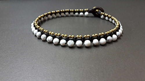 Infinity Trendy Anklet Howlite and Brass Bead Ankle Bracelet 10 Inches Woven with Wax Cord Beautiful Handmade Hippie Bohemian