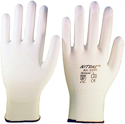 12 Pairs of Nylon Assembly Gloves NITRAS 6200 White PU