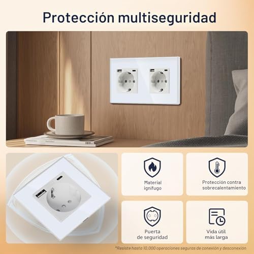 Tomada USB dupla (máximo 2.1A) com porta Tipo C, ficha Schuko branca, tomada elétrica com 2 carregadores USB x e Tipo C Adequada para smartphone, tablets MP3, cozinha, quarto