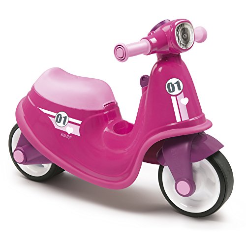 Smoby Pink Kids Scooter Stylish Toddler Ride On with Mechanical Key, Toy Box and Front Light, Ages 18+ Months