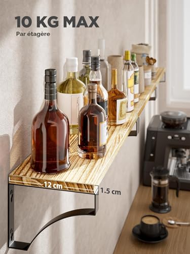 Pipishell Set of 3 Wall Shelves, Wood and Metal Wall Shelves, Rustic Metal Wire Storage Shelves, Maximum Load 10 kg (Brown)