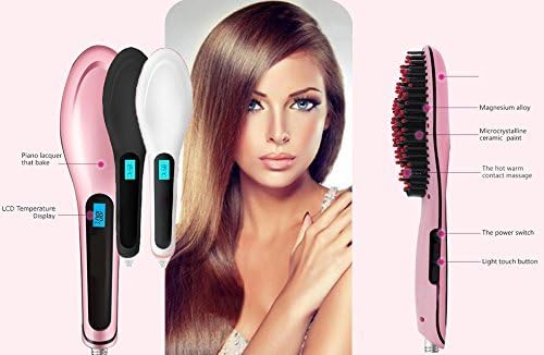 Upgraded Ceramic Professional Electric Hair Brush Straightener LCD Display Automatic Temperature Control Iron Brush Heating Hot Comb (White)