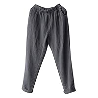 Soojun Womens Cotton Linen Loose Fit Elastic Waist Harm Pant, Grey, Large Petite