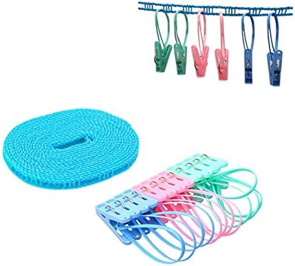 Lordjade 5 m Portable Windproof Clip Outdoor Indoor and 12pcs Wind Plastic Plastic Clotheslines and Clothespins. Perfect Windbreaker Hanger Camping &amp; Home use. Random Colors.
