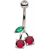 Pierced Owl 14GA 316L Stainless Steel Red CZ Crystal Cherry Belly Button Ring